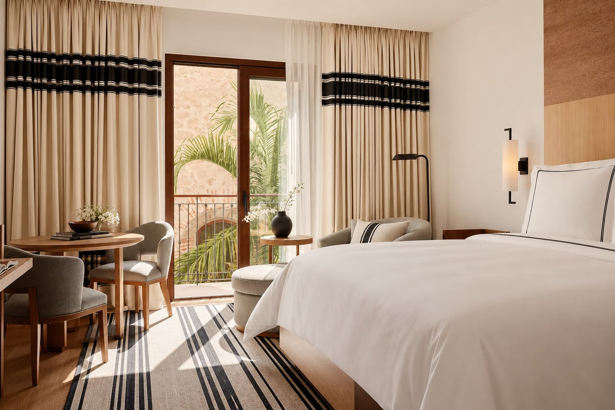 Habitación de hotel con textiles blancos